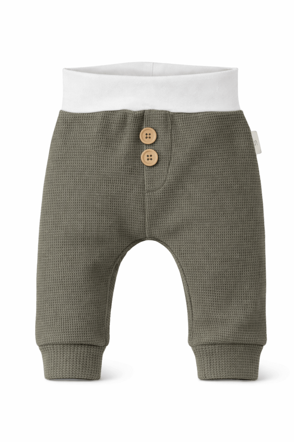 baby broekje groen wafel met houten knopen Baby broekje groen wafel met houten knopen