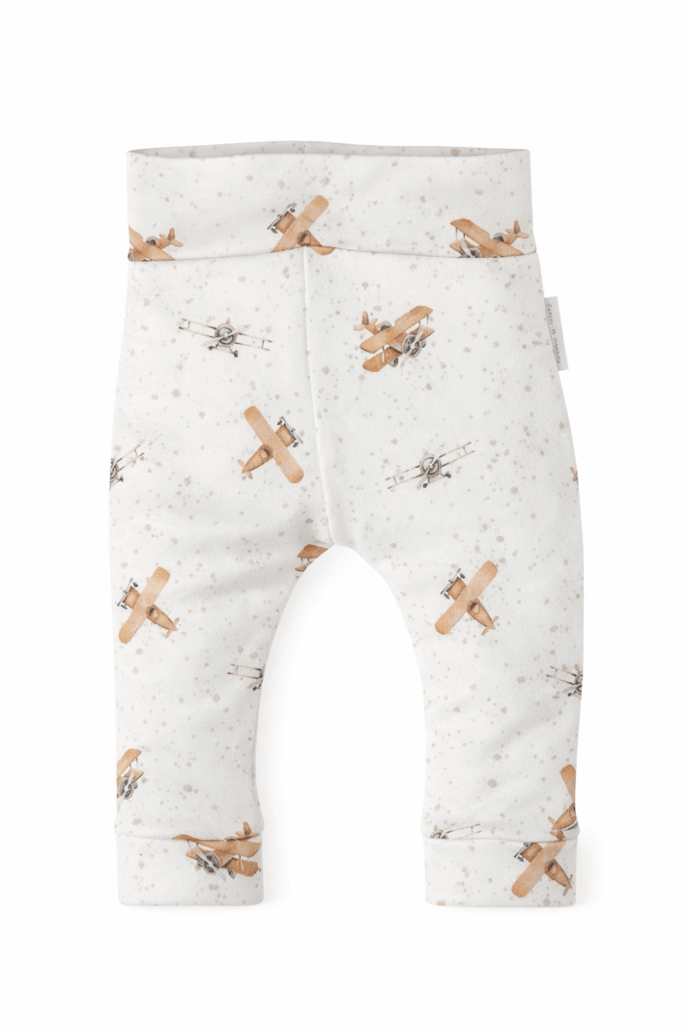 Vliegtuig opdruk baby broekje baby Broekje ecru met camel kleurige vliegtuigen jersey katoen