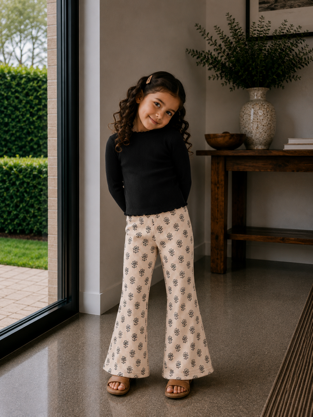 Flared broek bloemen beige (rib) Flared broek bloemen beige (rib)